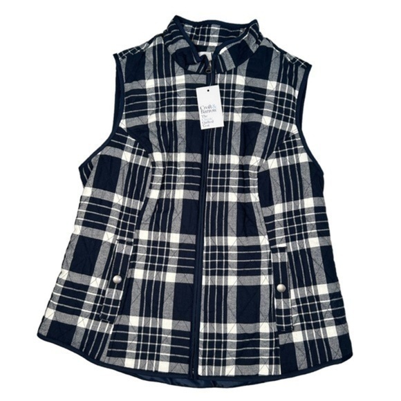 NWT CROFT & BARROW BLUE & WHITE PLAID FULL ZIP LINED DRAWSTRING VEST, SIZE M - Picture 1 of 8